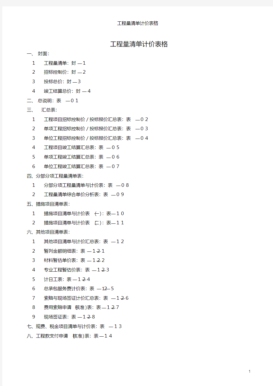 GB50500-2013工程量清单计价规范的表格(全)