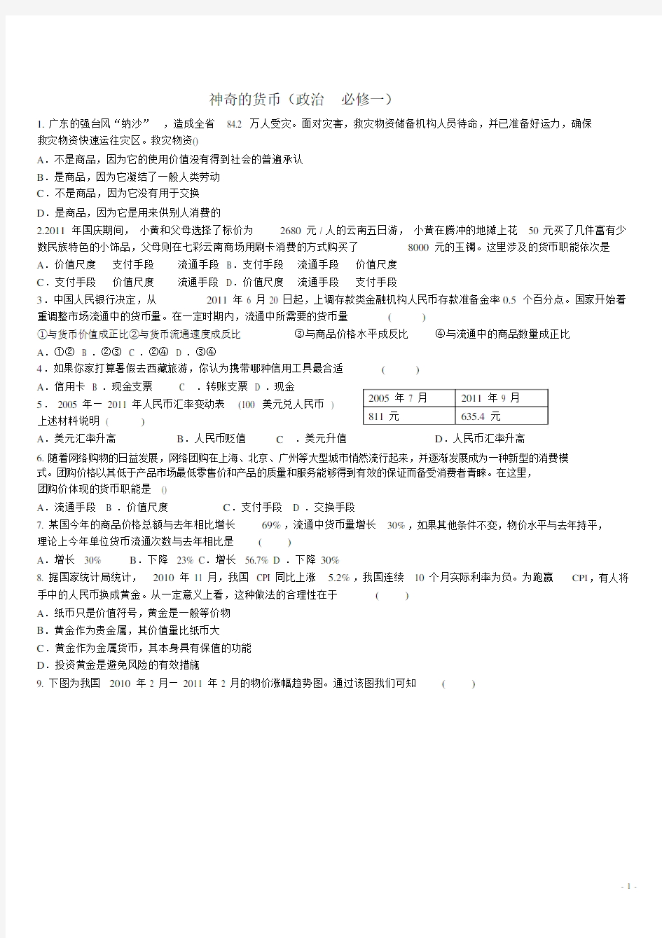 (完整版)人教版思想政治必修一第一课练习题.docx