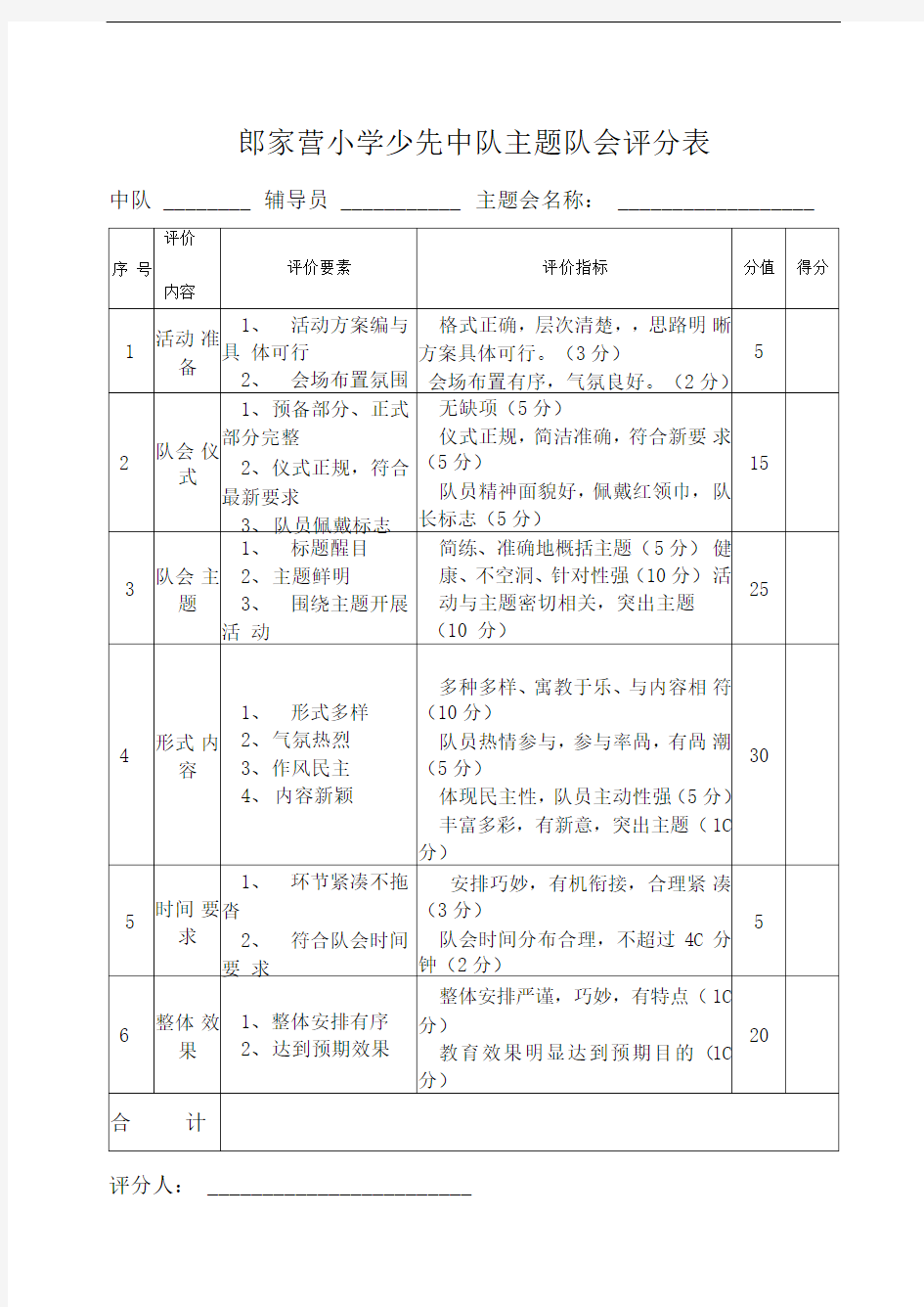 班队会评分表