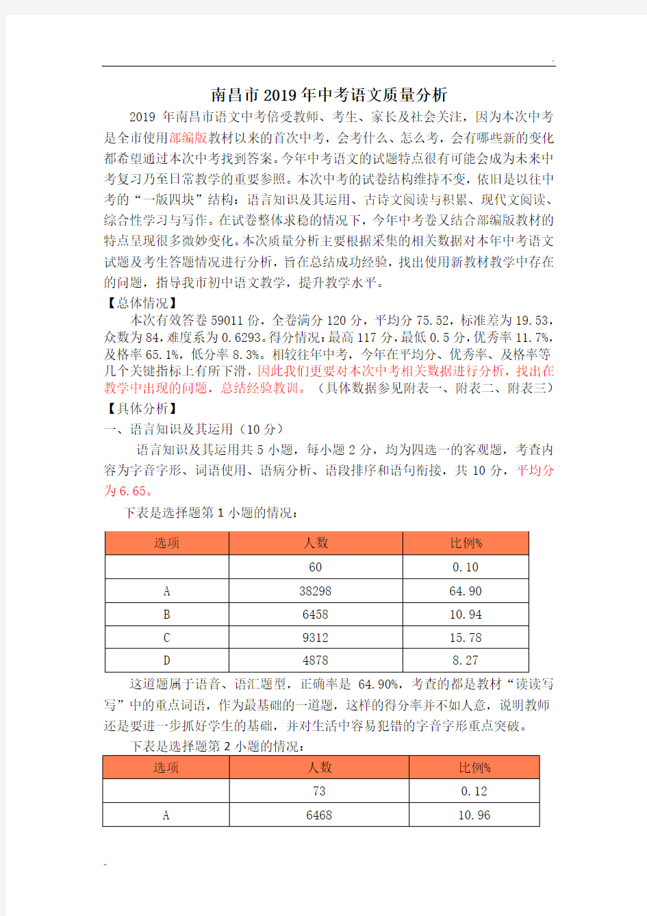 2019年中考语文试卷分析报告