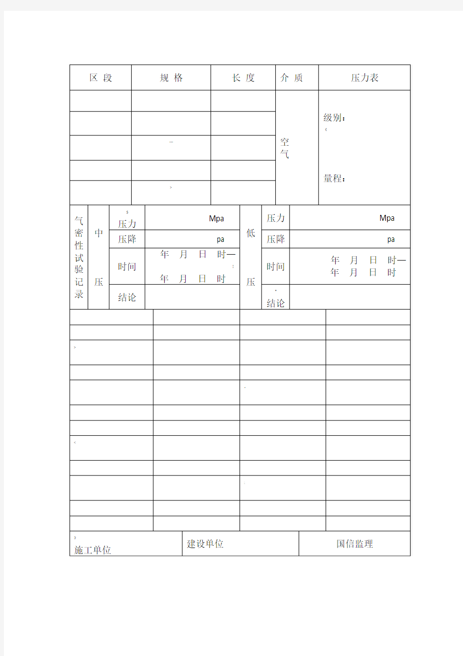 管道气密性试验记录表