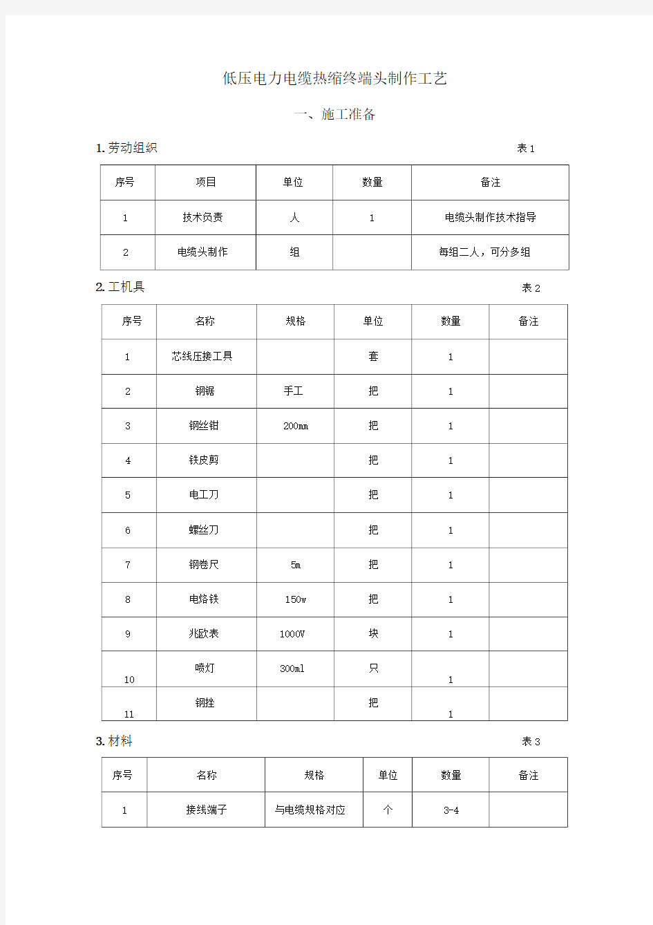 低压电力电缆热缩终端头制作工艺