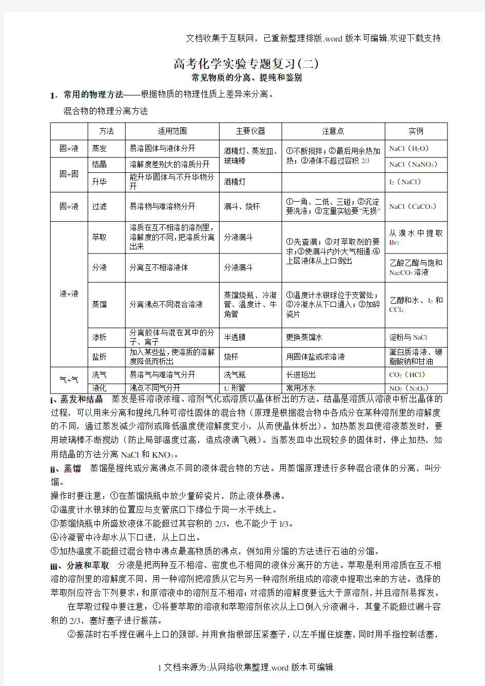 物质的分离与提纯知识总结