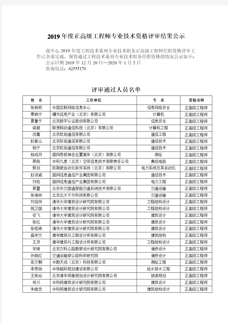 中科院2019年工程技术系列正高级工程师专业技术资格评审结果公示