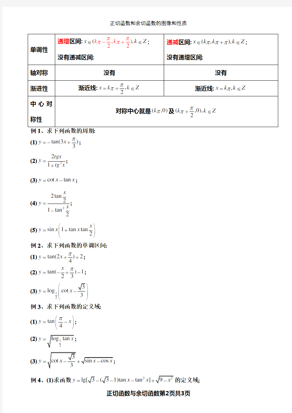 正切函数和余切函数的图像和性质