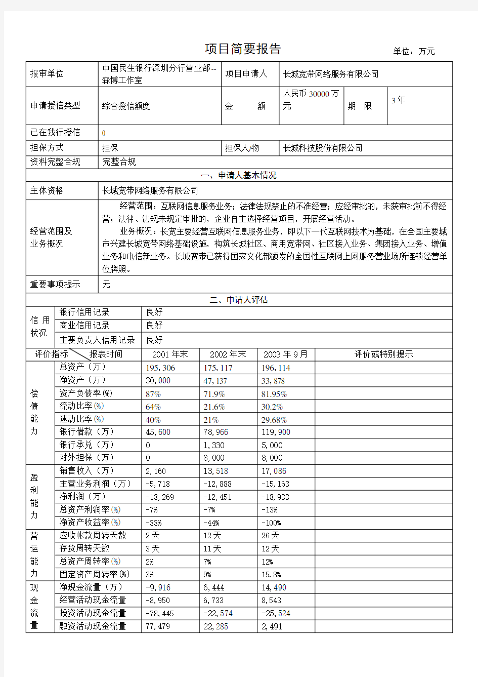 民生银行授信全套资料简要报告