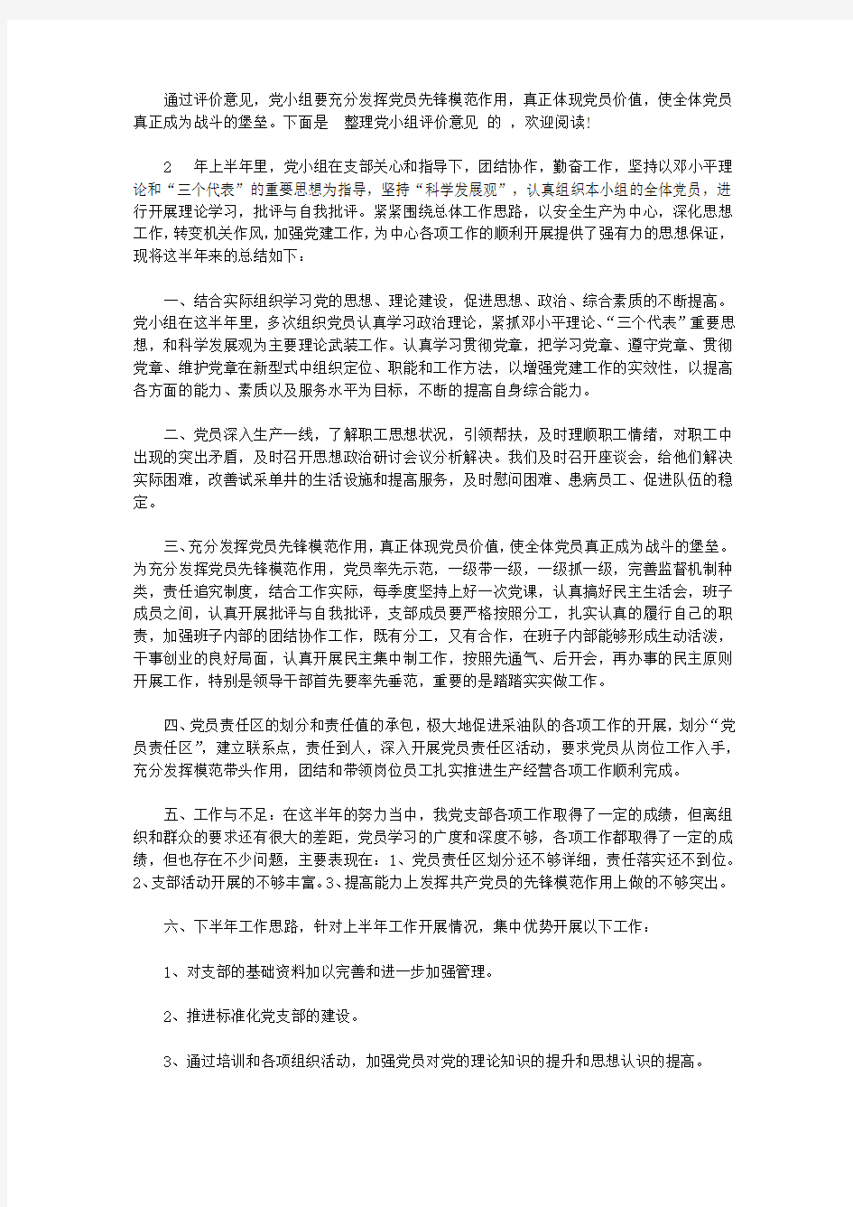 党小组评价意见范文