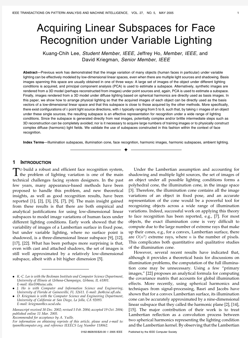 Acquiring linear subspaces for face recognition under variable lighting