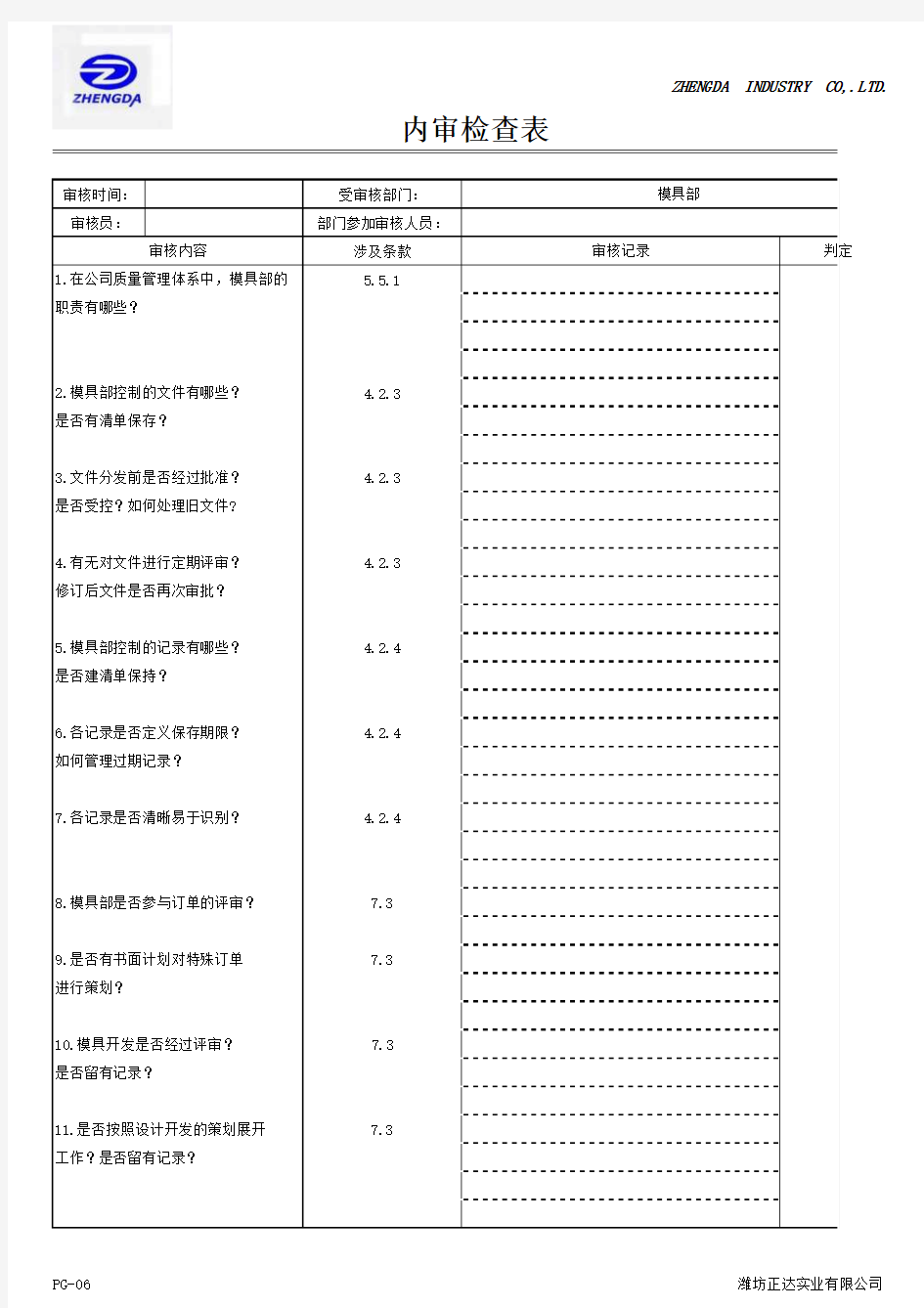 模具部内审检查表1108