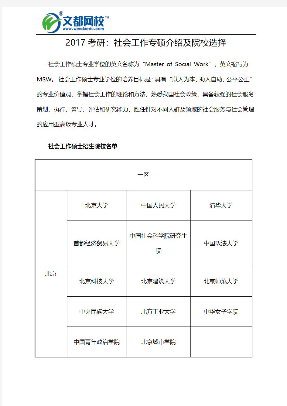 2017考研：社会工作专硕介绍及院校选择