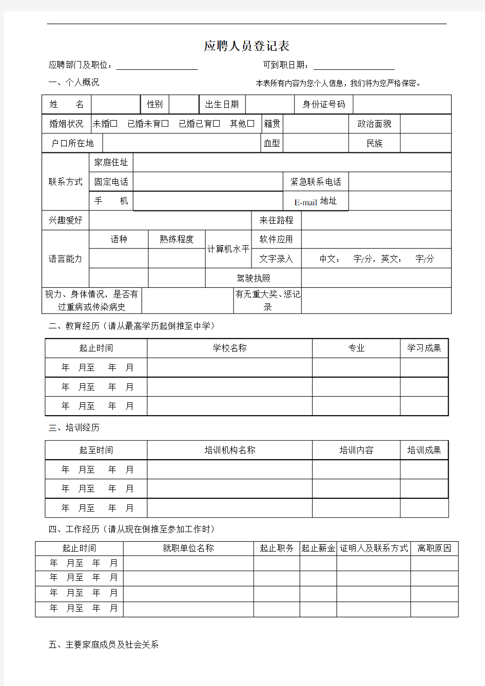 应聘人员登记表模版