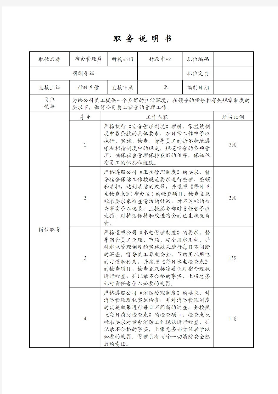 宿舍管理员职务说明书