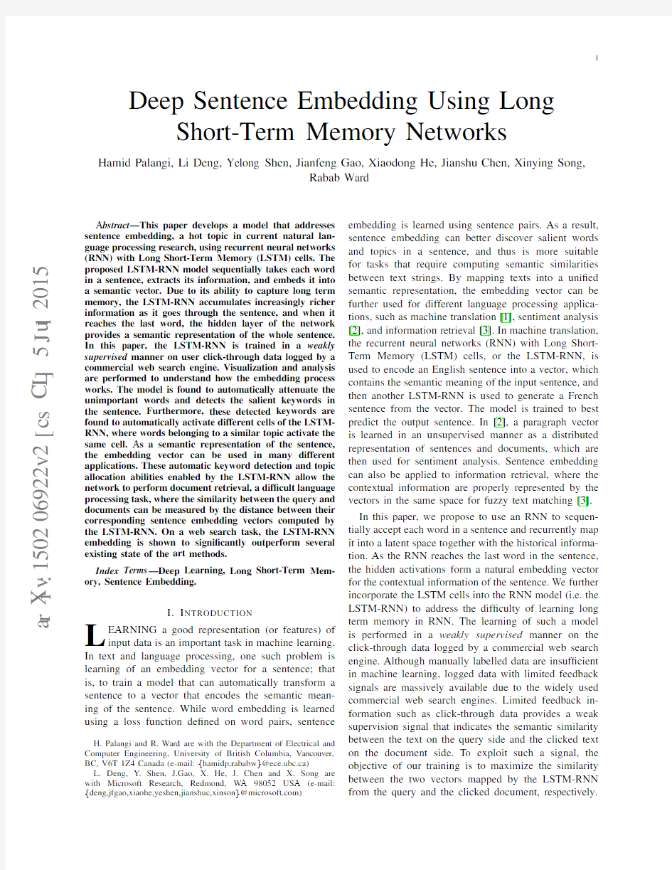 Deep Sentence Embedding Using Long