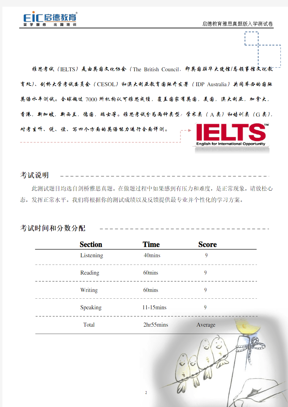 雅思入学测试试卷(真题版)