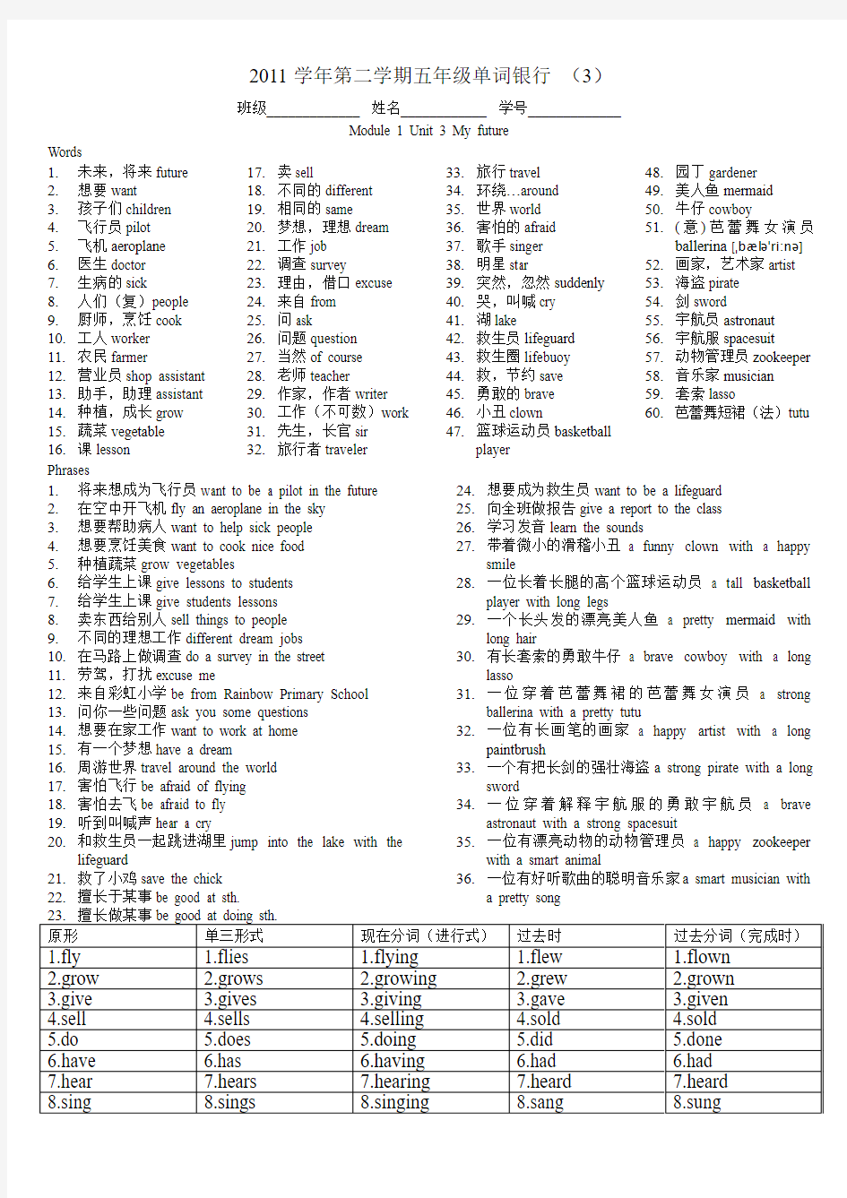 五年级上单词M1U3