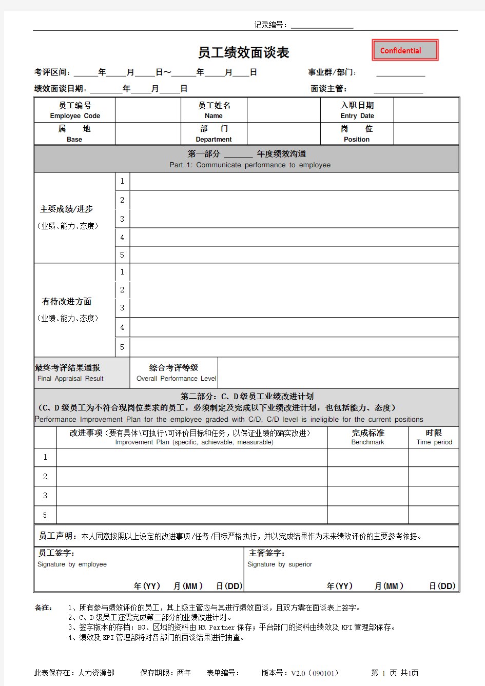 模板：员工绩效面谈表