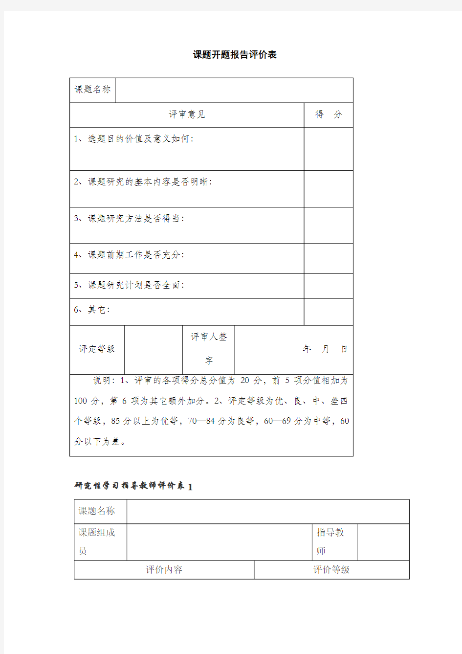 课题开题报告评价表