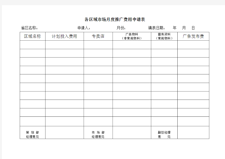 各区域市场推广费用申请表