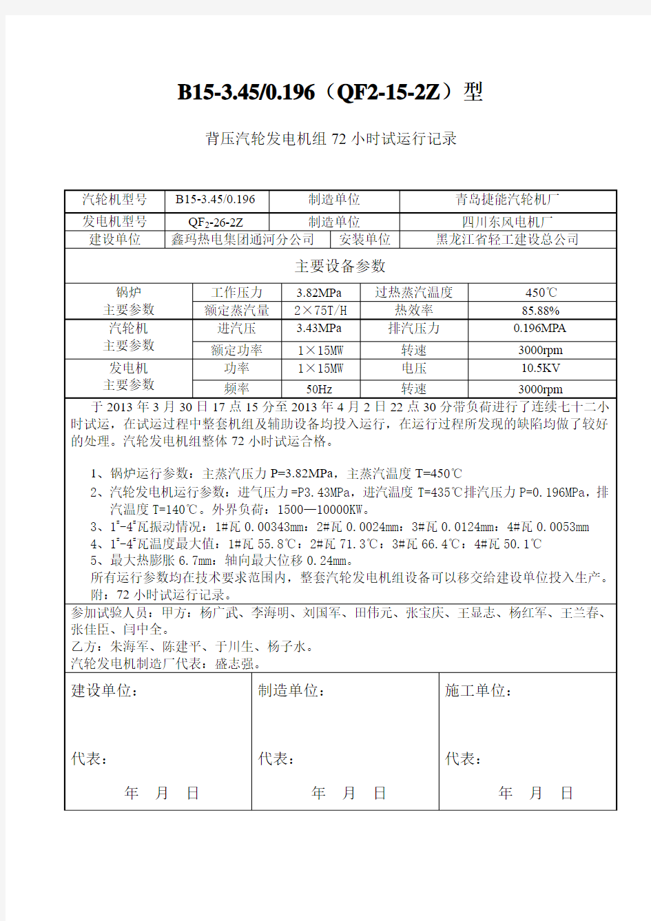 背压汽轮发电机组72小时试运