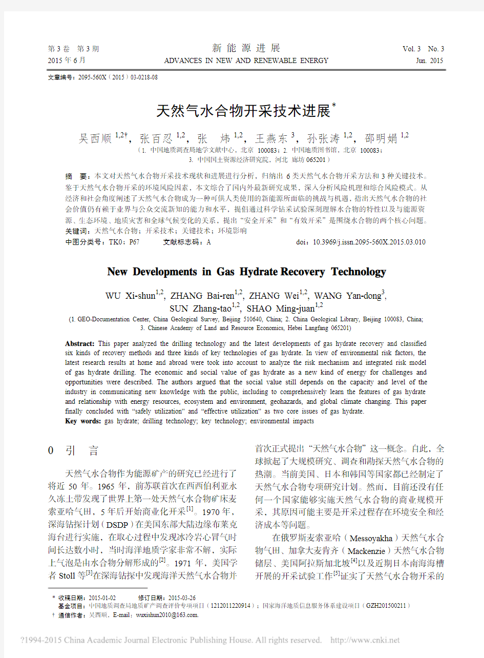 天然气水合物开采技术进展_吴西顺