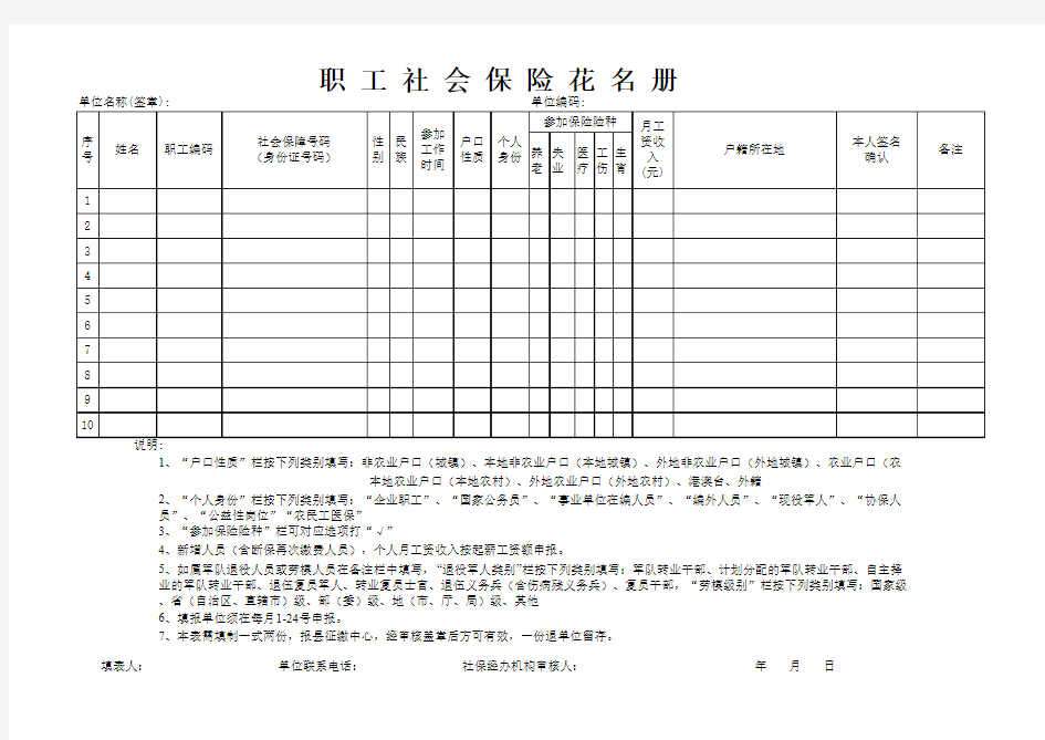 职 工 社 会 保 险 花 名 册