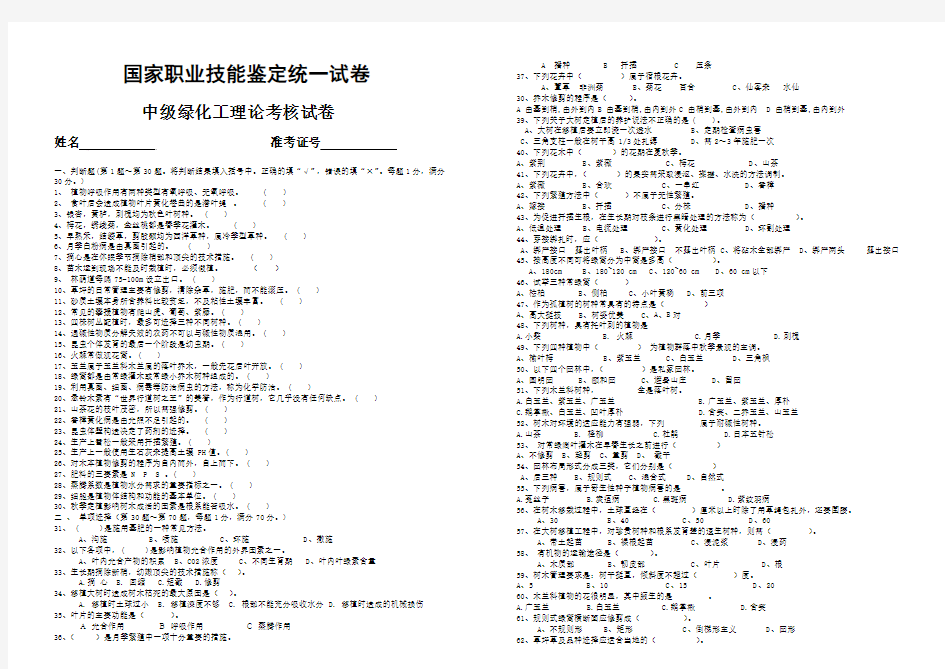 中级绿化工理论试题