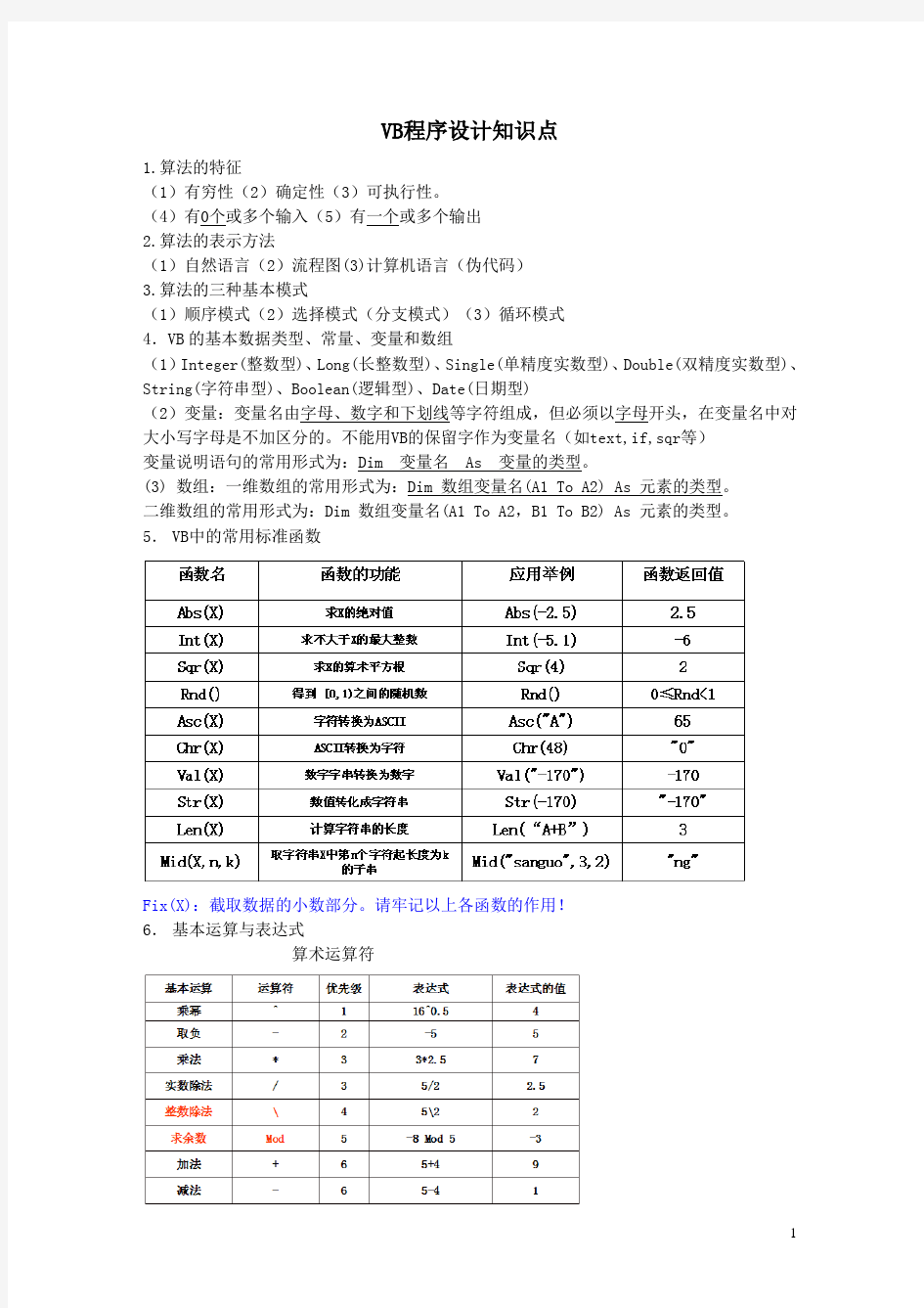 高中信息技术学考VB知识点