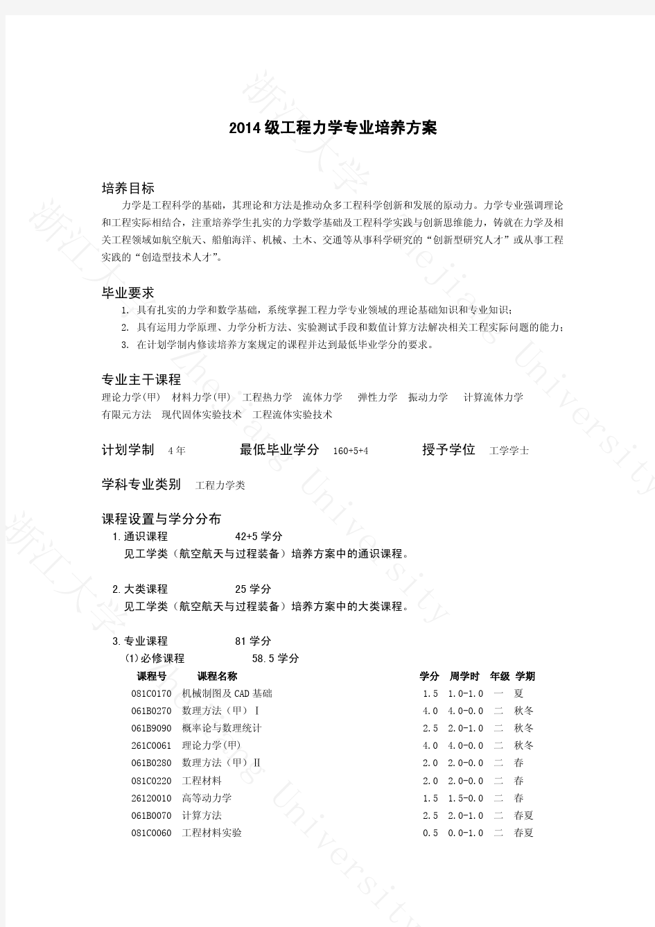 工程力学 浙大2014本科生培养方案(完整版)