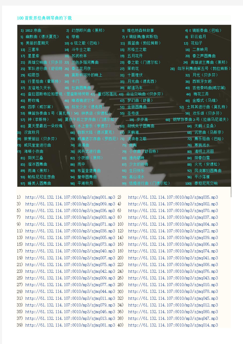 世界100首著名钢琴曲