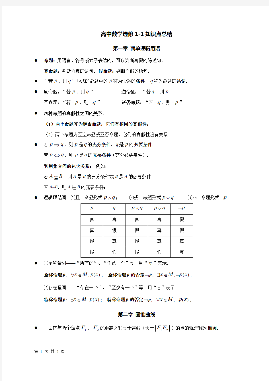 人教版高中数学选修1-1知识点总结(全)
