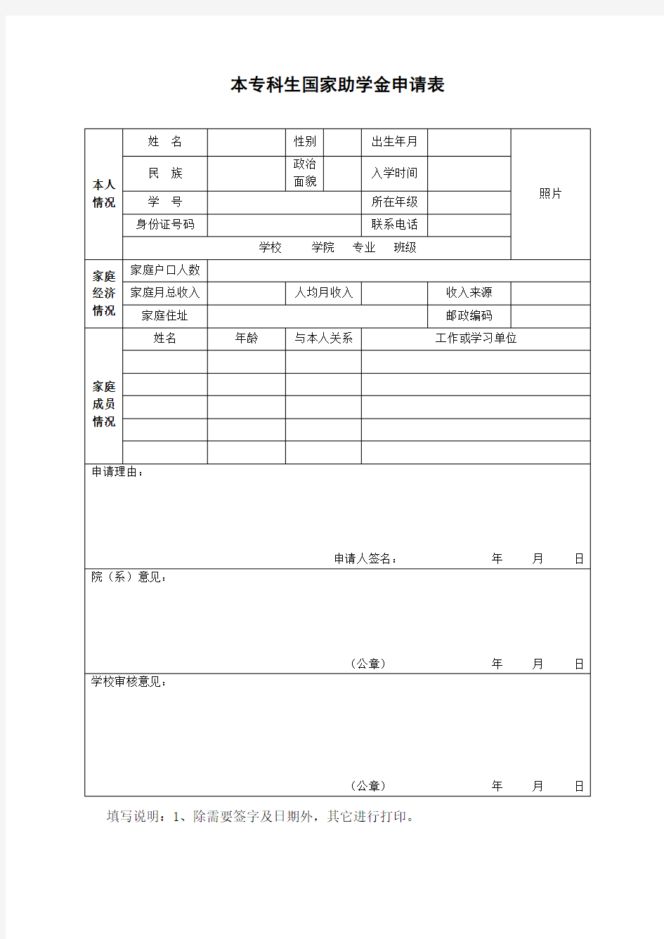 大学生助学金申请表模板