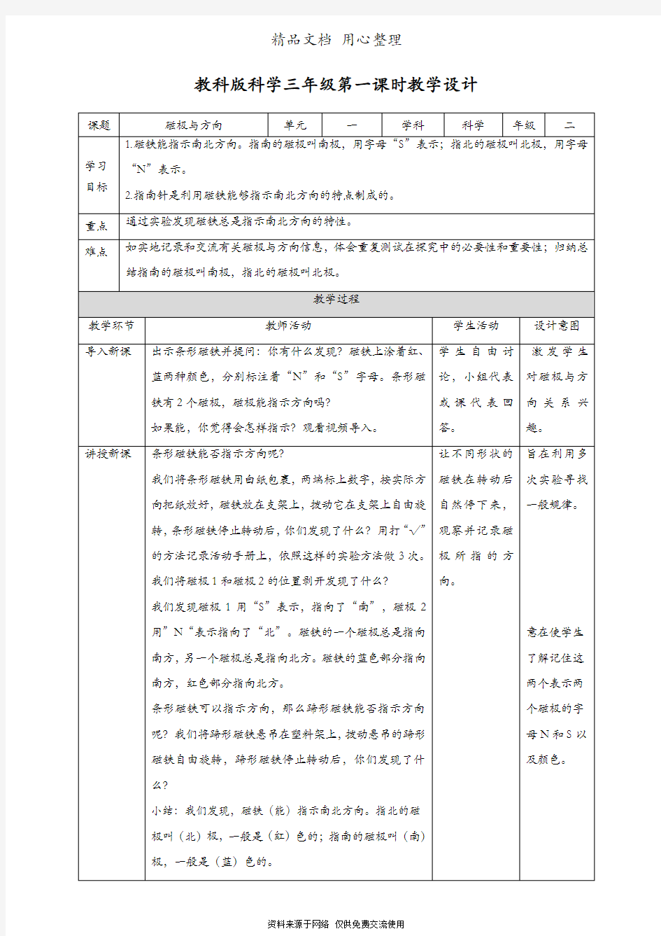 (新教材)教科版二年级下册科学 1.4《磁极与方向》教案(教学设计)