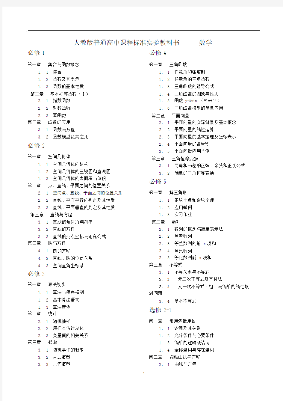 (完整版)人教版高中数学教材最新目录.doc