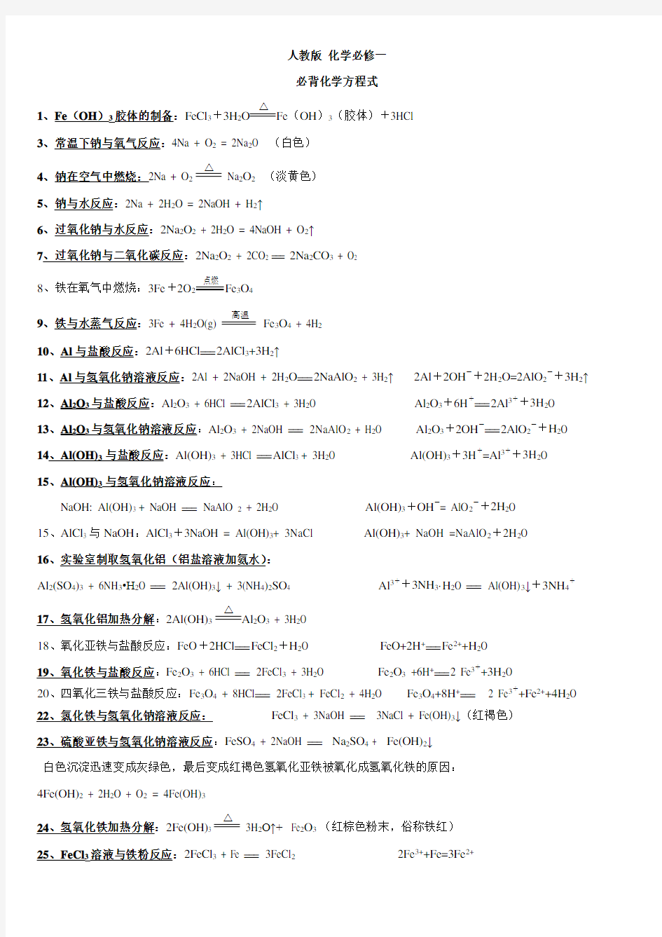 人教版-高一化学必修一化学方程式