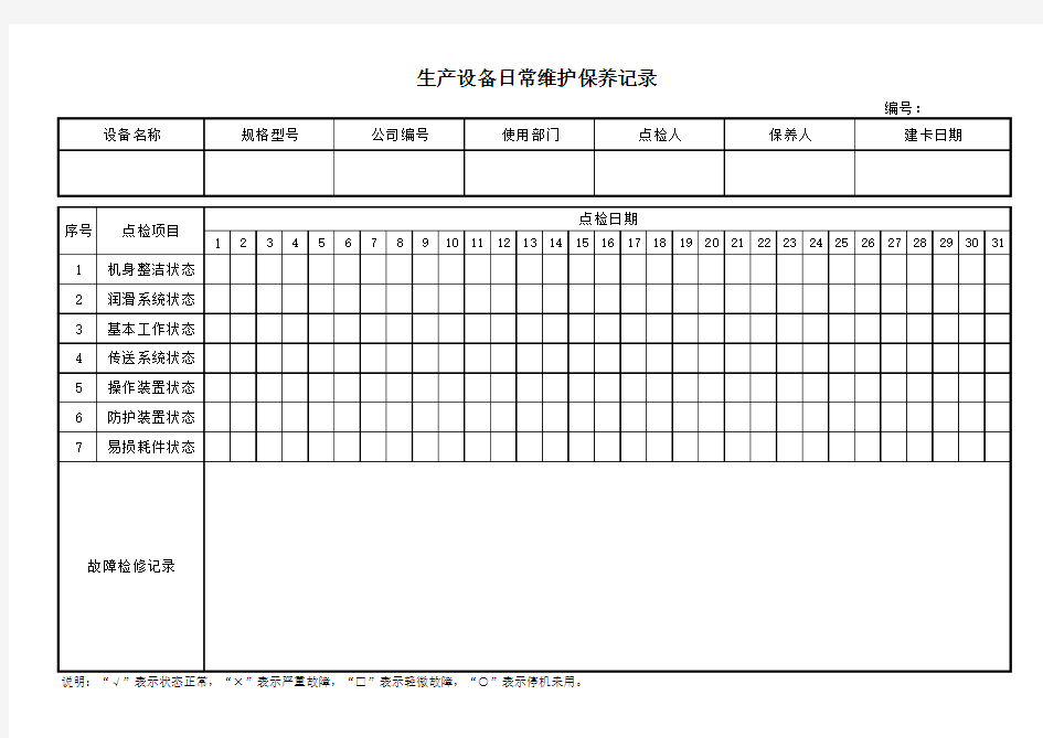 生产设备日常维护保养记录表