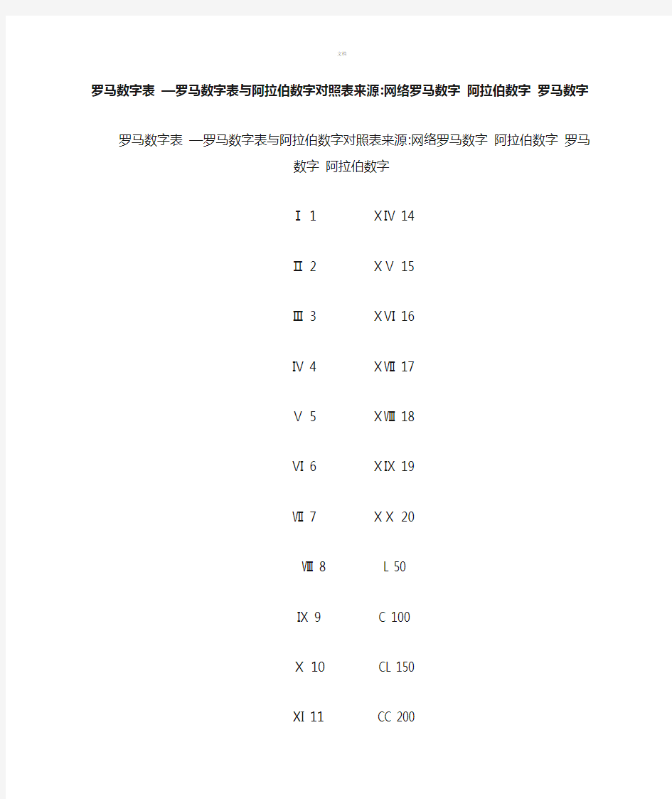 罗马数字与阿拉伯数字对照表