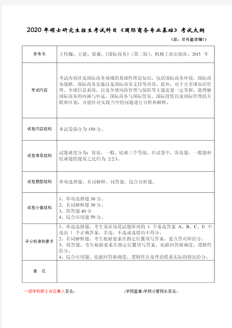 2020年杭州师范大学初试自命题科目考试大纲434国际商务专业基础