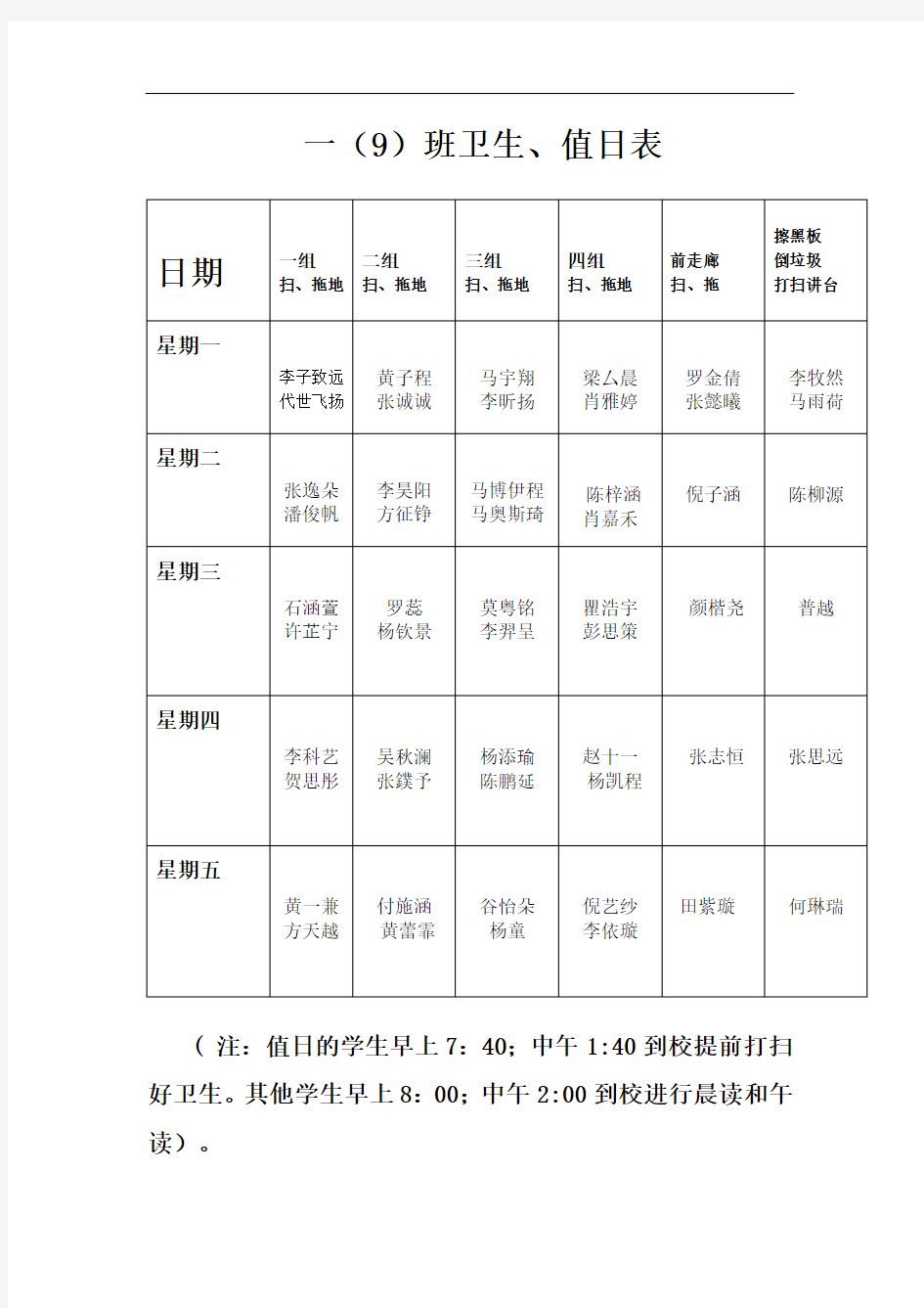 小学生日常卫生、值日表