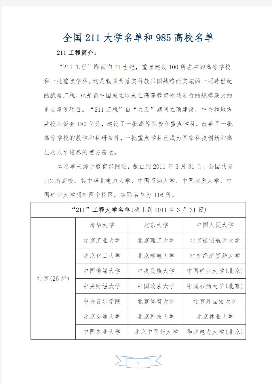 全国211大学名单