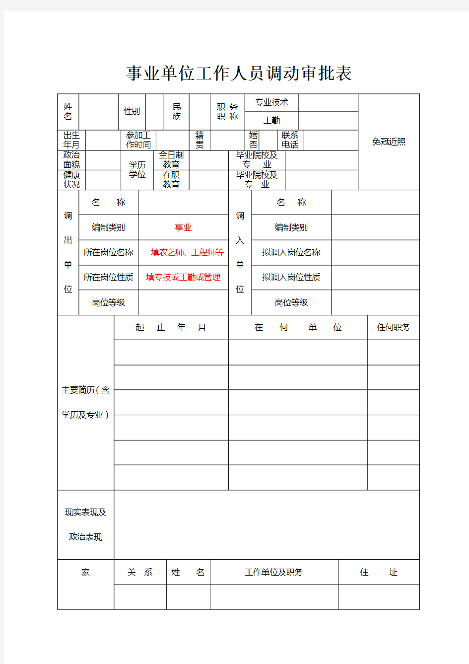 事业单位工作人员调动审批表(现用)