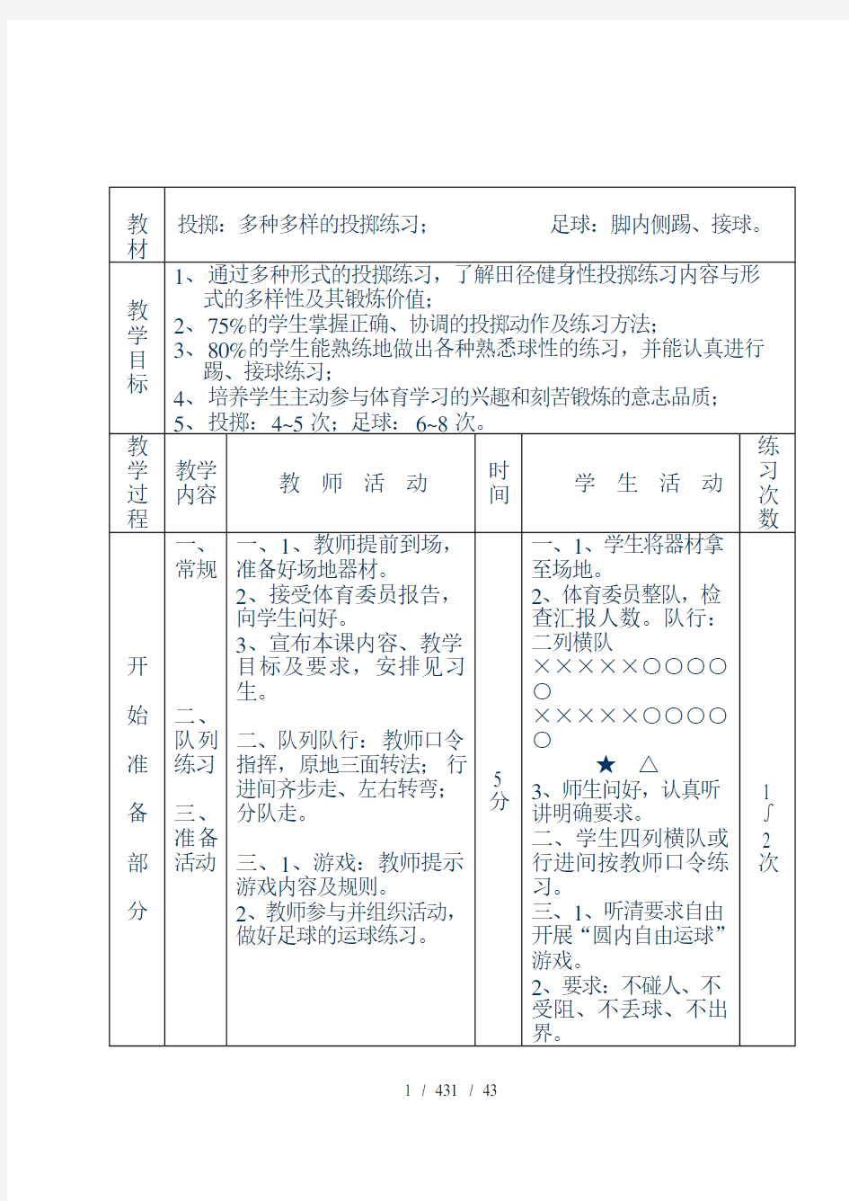 最新初中体育课教案全集