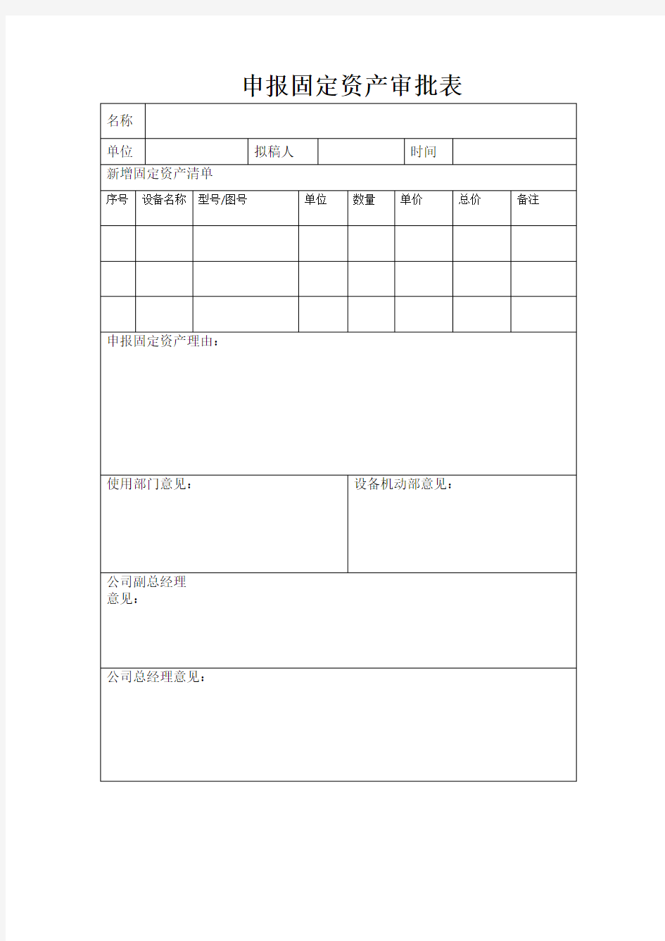 新增固定资产审批表