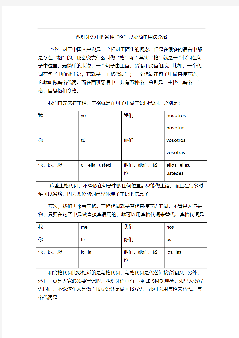 西班牙语中的各种“格”以及简单用法介绍