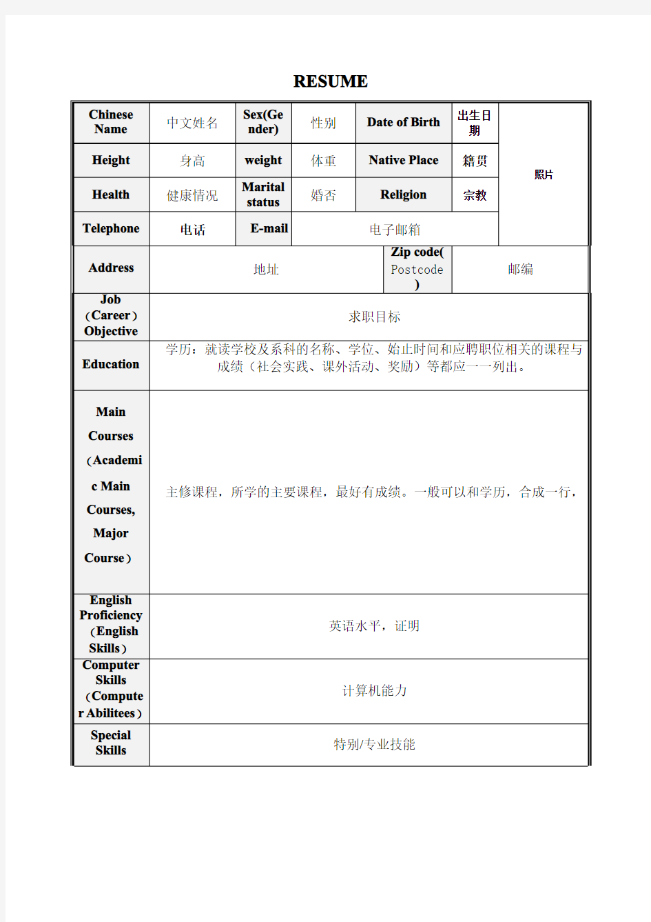 机械专业英语简历表