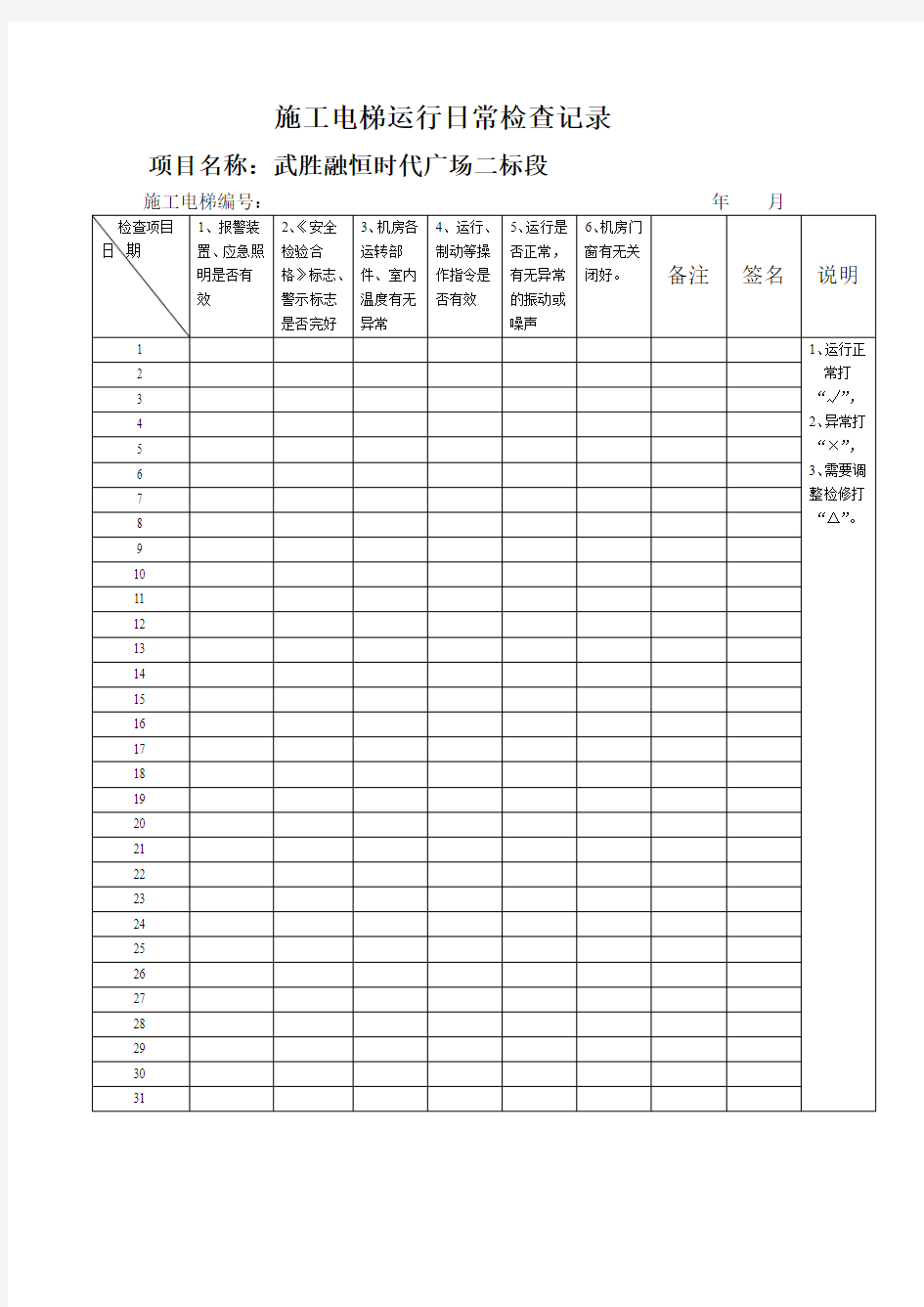 施工电梯日常运行检查记录表