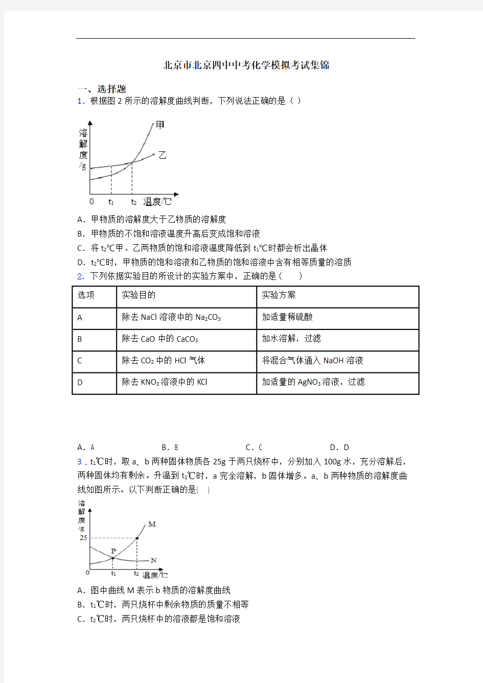 北京市北京四中中考化学模拟考试集锦