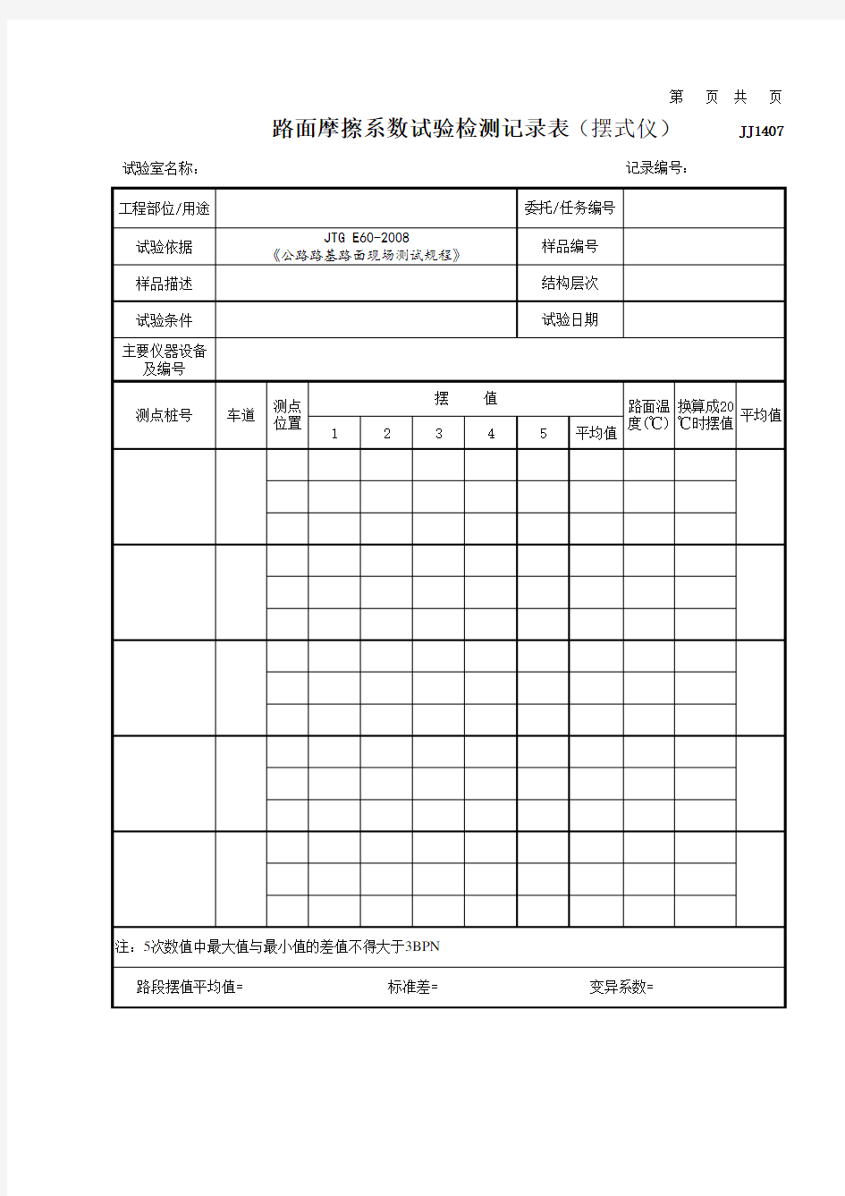 路面摩擦系数试验检测记录表