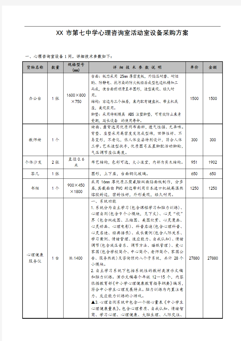 XX市第七中学心理咨询室活动室设备采购方案【模板】