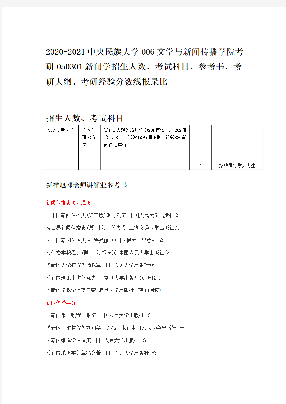 050301新闻学招生人数、考试科目、参考书、考研大纲、考研经验分数线报录比