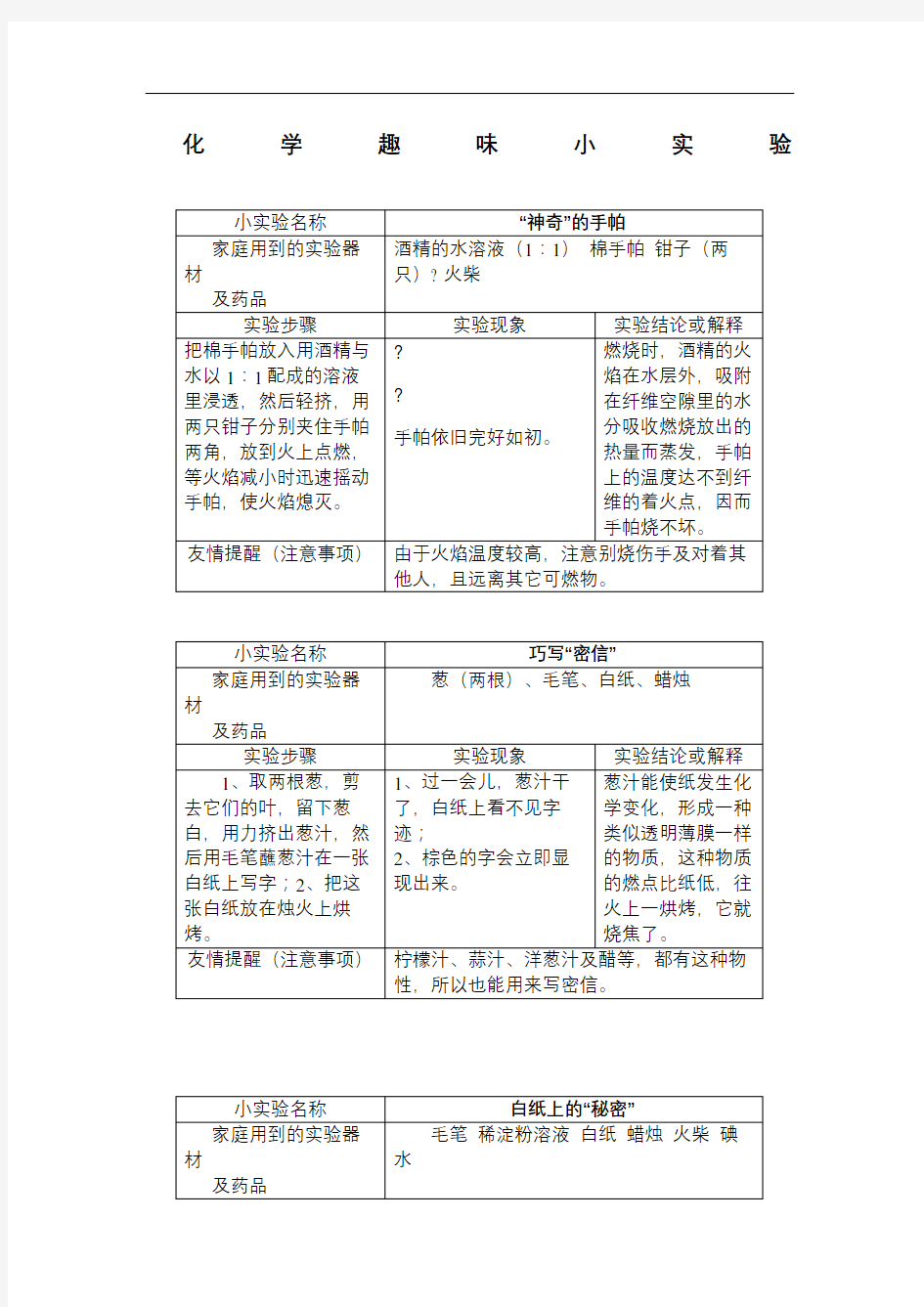 化学趣味小实验